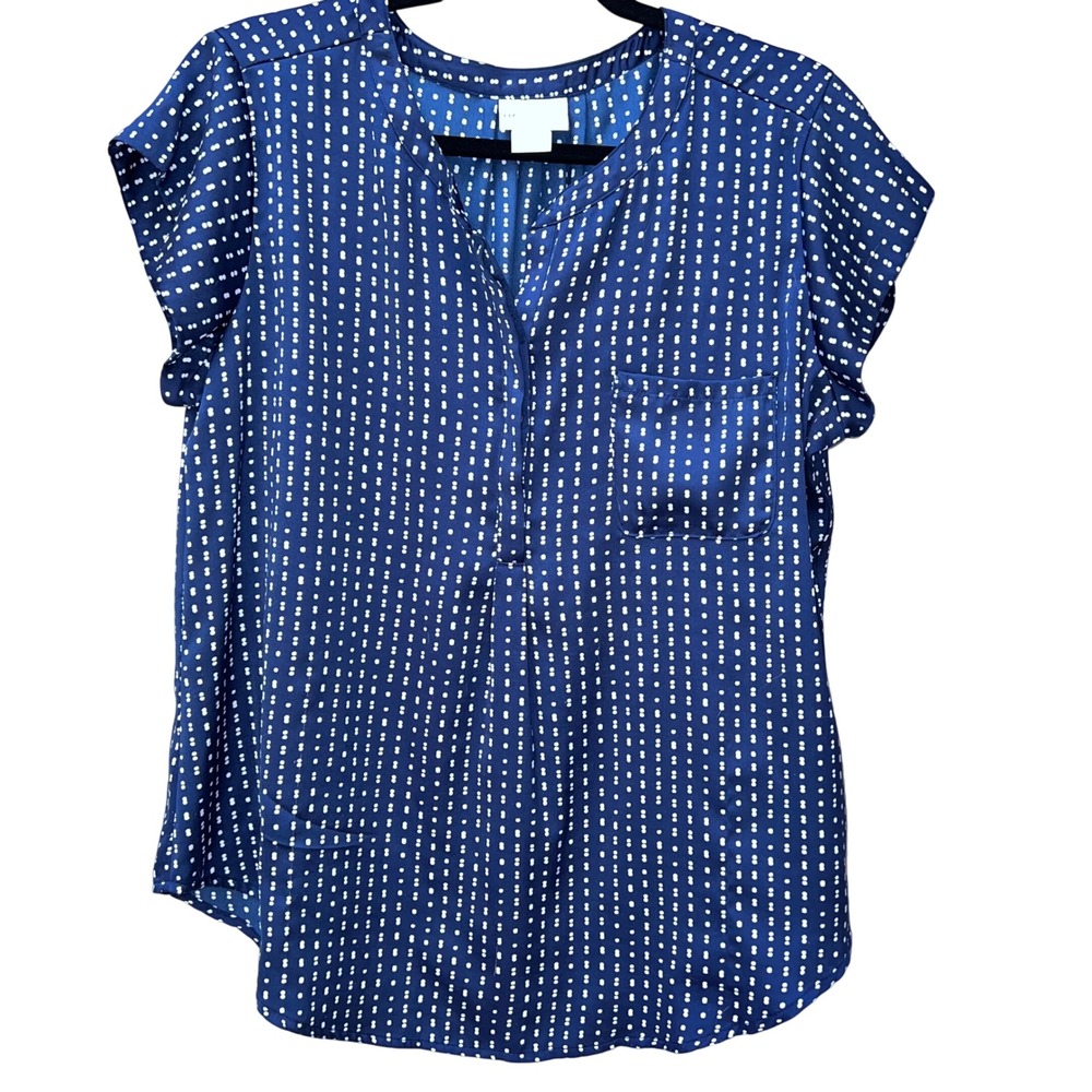 Liz Claiborne Blue White Dotted Split Neck Short Sleeve Blouse Top Large
